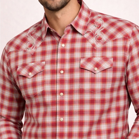 Wrangler Embroidered Pearl Snap Western Shirt Mens 2XL Red Plaid Rodeo Cowboy - Picture 2 of 12